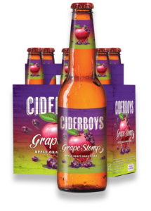 Ciderboys Grape Stomp Bottle in front of 6 pack bottles