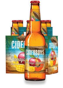 Ciderboys Papaya Paradise Bottle in front of 6 pack bottles